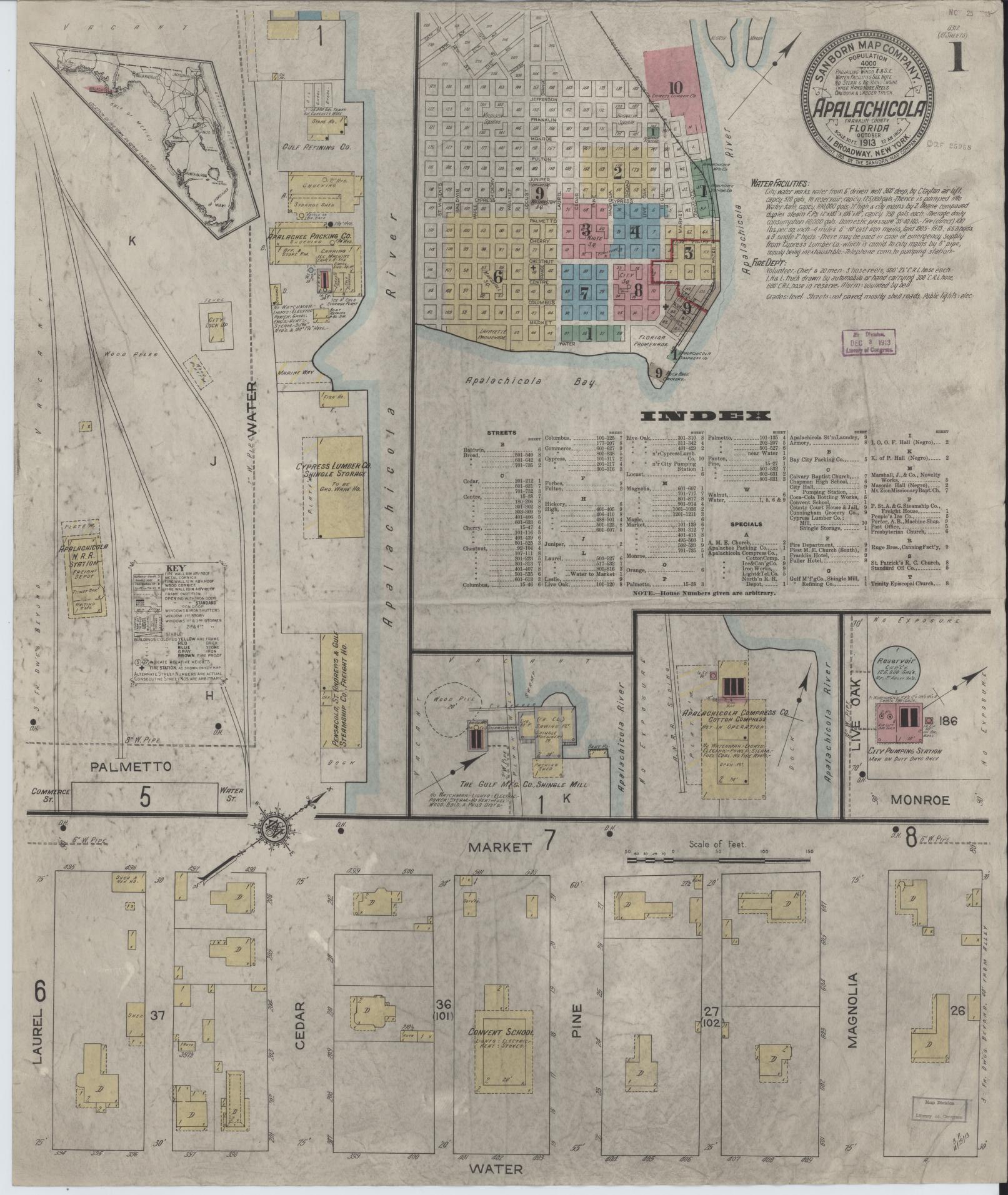 Sanborn Fire Insurance Map from Apalachicola, Franklin County, Florida (1913), Sheet #0001 - Historic Sanborn Fire Insurance Map Print, vintage old map wall art, antique decor, genealogy gift, Florida Florida map