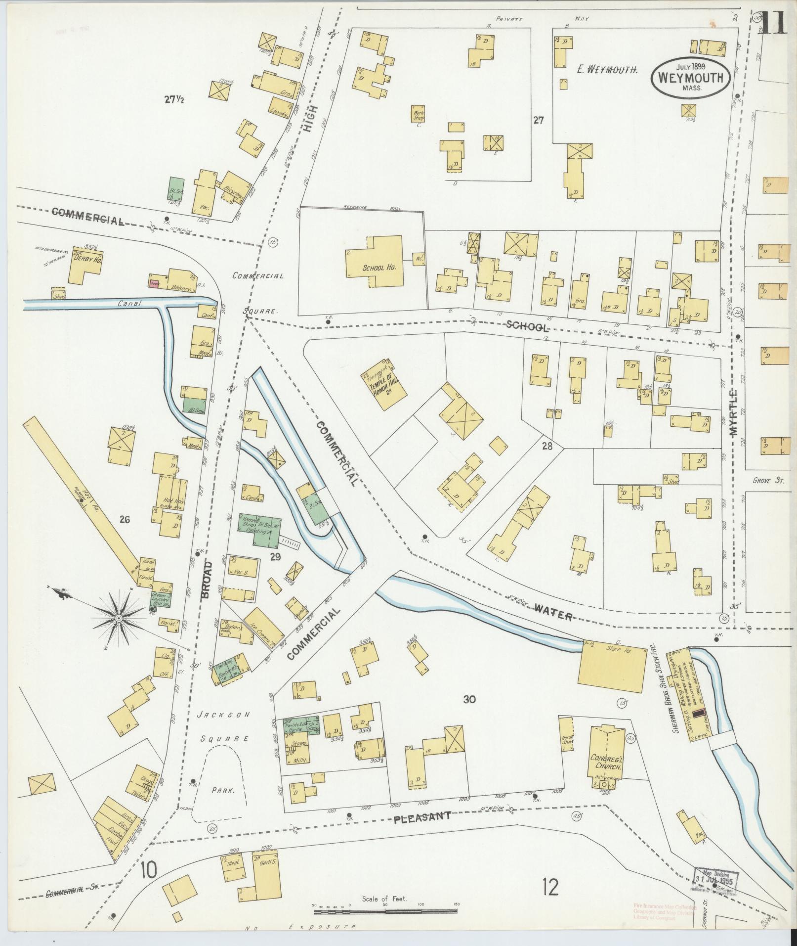 Sanborn Fire Insurance Map from Weymouth, Norfolk County, Massachusetts (1899), Sheet #0011 - Historic Sanborn Fire Insurance Map Print, vintage old map wall art, antique decor, genealogy gift, Massachusetts Massachusetts map