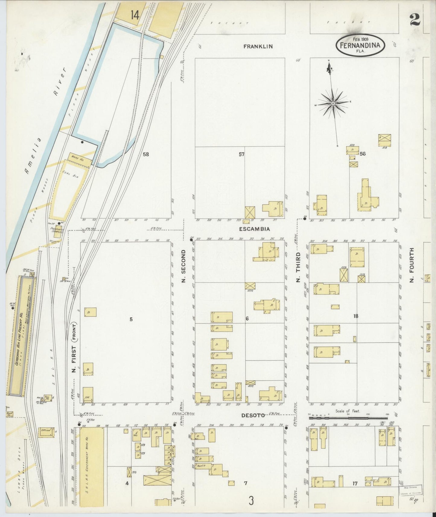 Sanborn Fire Insurance Map from Fernandina, Nassau County, Florida (1909), Sheet #0002 - Complete Map Set gallery image, historic Sanborn map, vintage wall art, Florida Florida