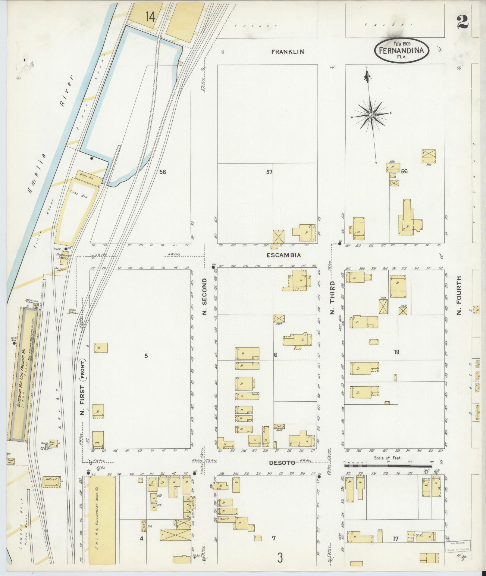Sanborn Fire Insurance Map from Fernandina, Nassau County, Florida (1909), Sheet #0002 - Complete Map Set gallery image, historic Sanborn map, vintage wall art, Florida Florida