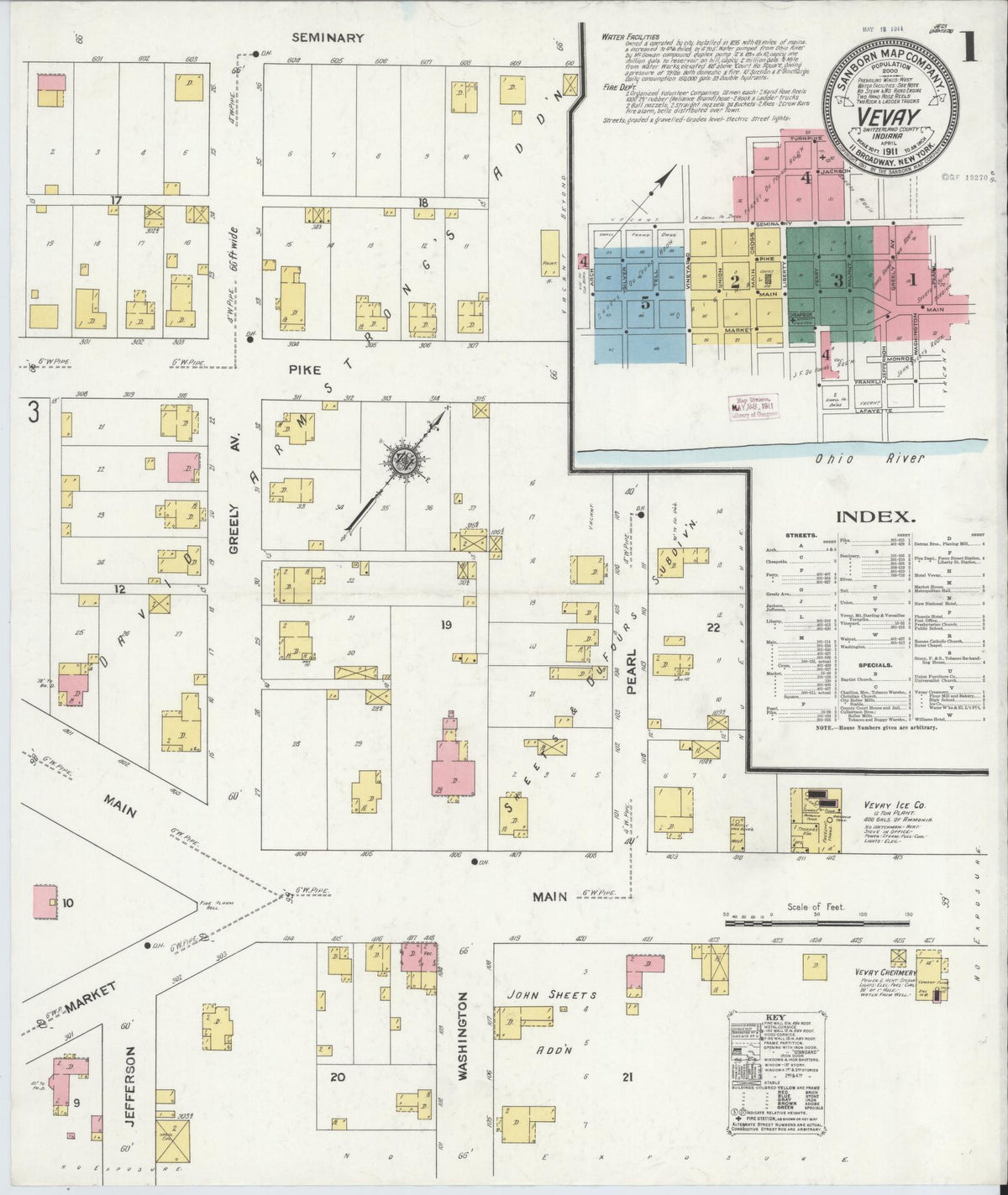 Sanborn Fire Insurance Map from Vevay, Switzerland County, Indiana (1911), Sheet #0001 - Historic Sanborn Fire Insurance Map Print, vintage old map wall art, antique decor, genealogy gift, Indiana Indiana map
