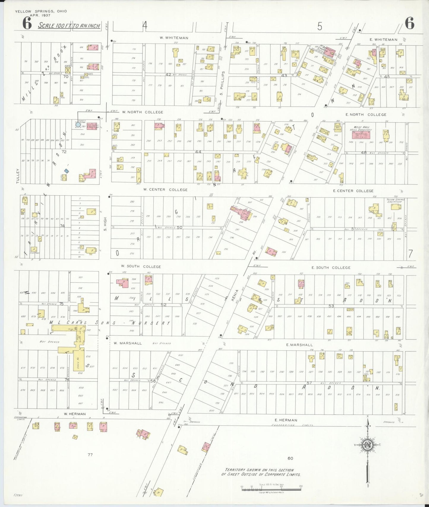 Sanborn Fire Insurance Map from Yellow Springs, Greene County, Ohio (1937), Sheet #0006 - Complete Map Set gallery image, historic Sanborn map, vintage wall art, Ohio Ohio