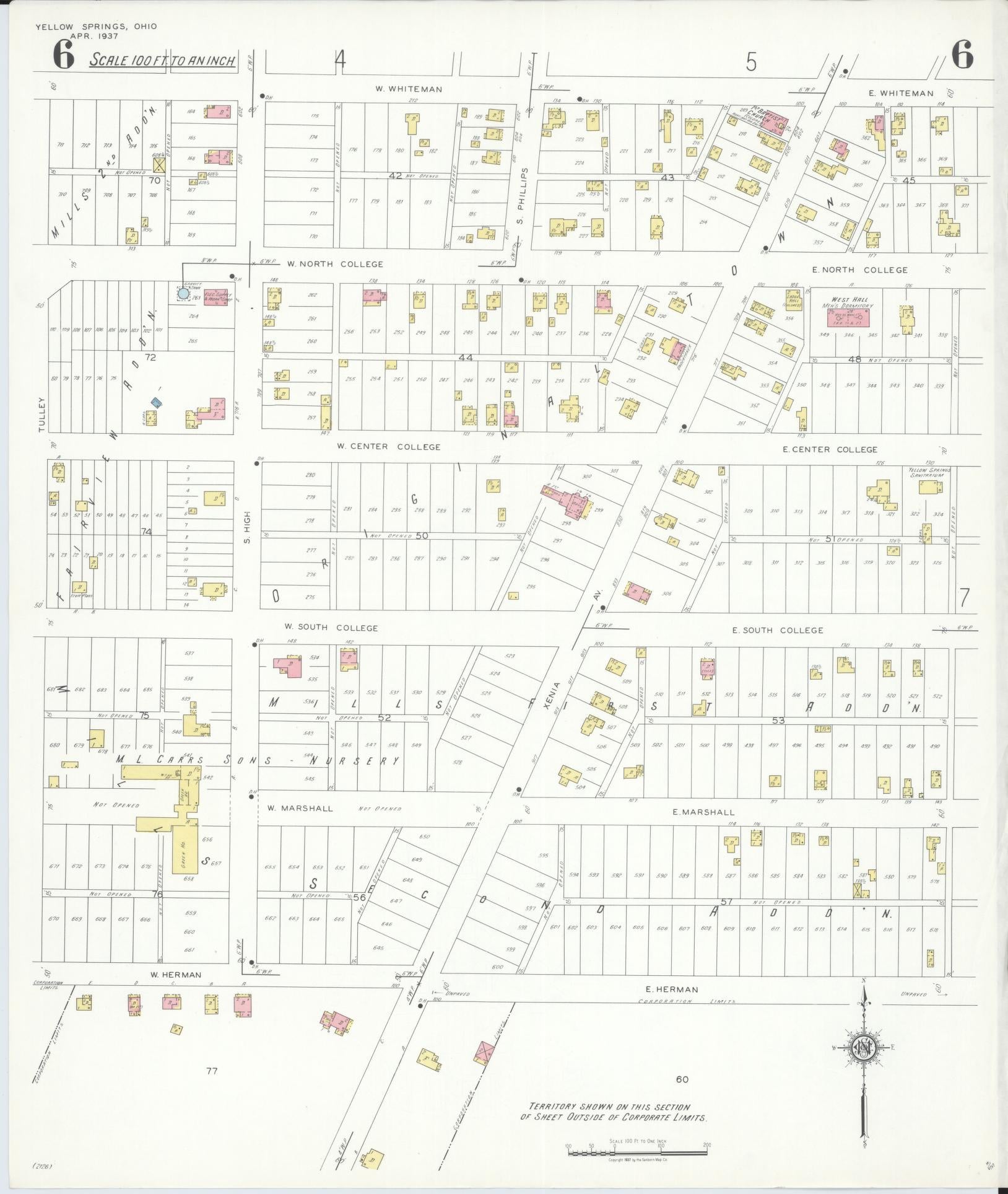 Sanborn Fire Insurance Map from Yellow Springs, Greene County, Ohio (1937), Sheet #0006 - Complete Map Set gallery image, historic Sanborn map, vintage wall art, Ohio Ohio
