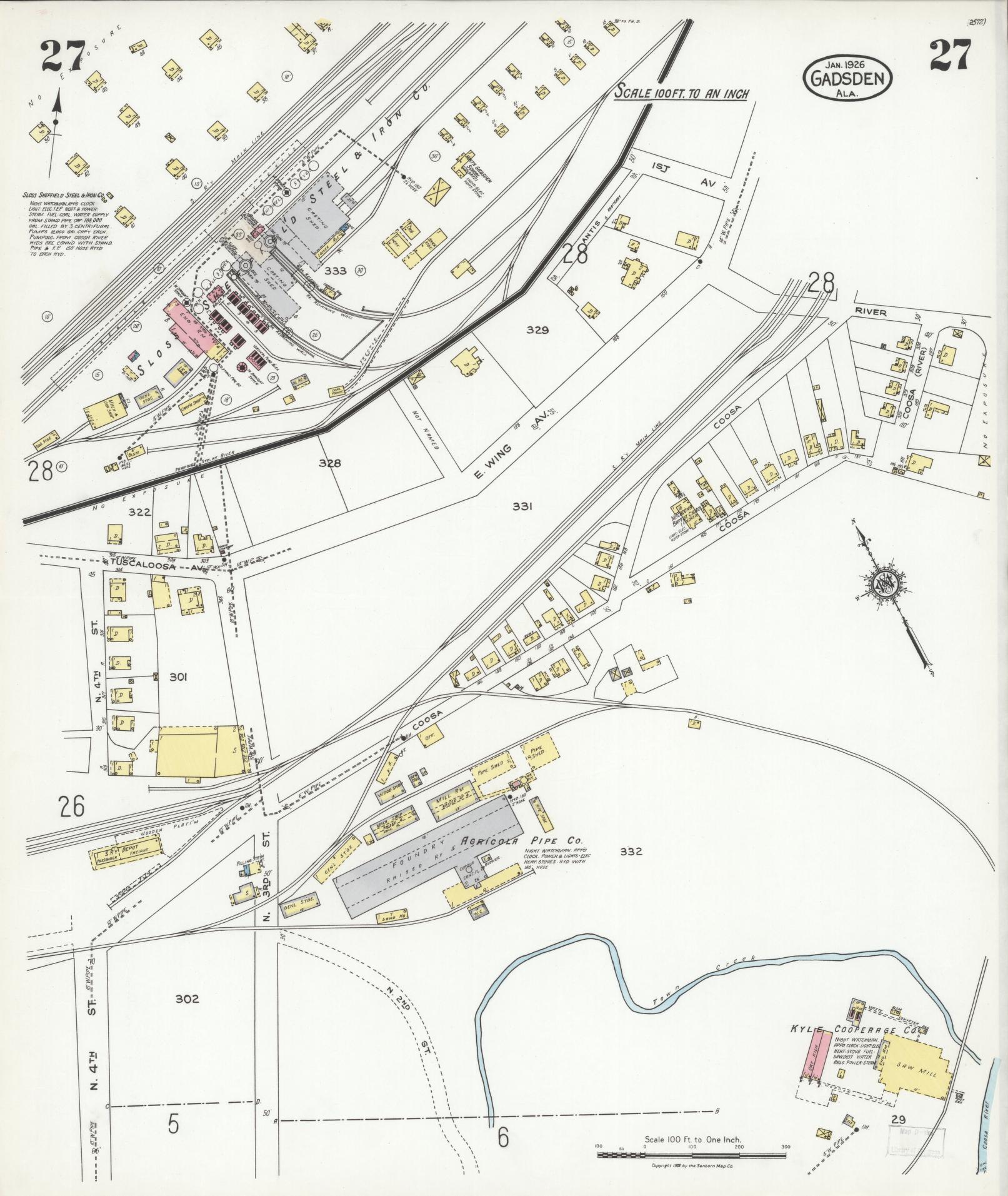 Sanborn Fire Insurance Map from Gadsden, Etowah County, Alabama (1926), Sheet #0027 - Complete Map Set gallery image, historic Sanborn map, vintage wall art, Alabama Alabama