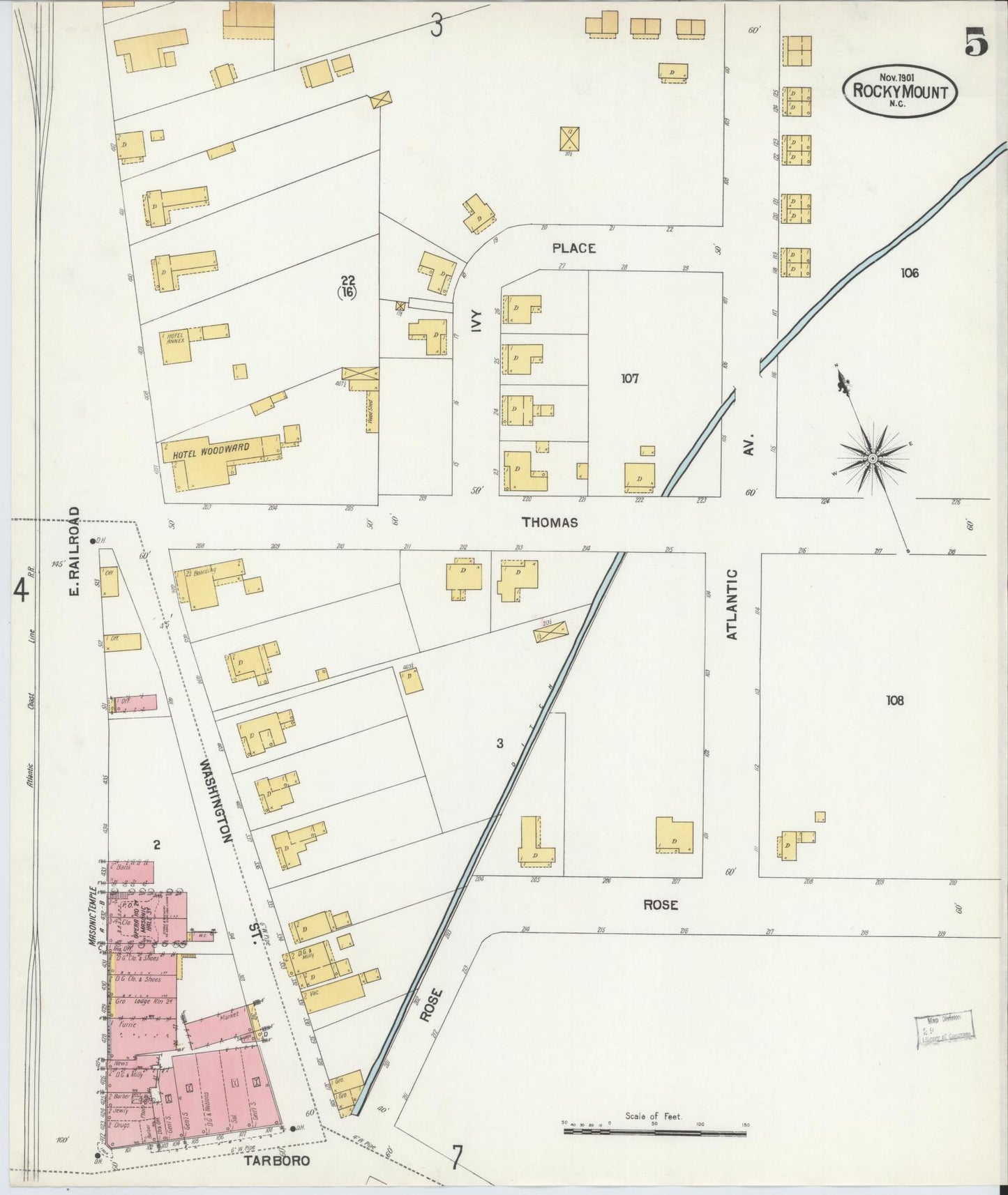 Sanborn Fire Insurance Map from Rocky Mount, Edgecombe And Nash Counties, North Carolina (1901), Sheet #0005 - Historic Sanborn Fire Insurance Map Print, vintage old map wall art, antique decor, genealogy gift, North Carolina North Carolina map