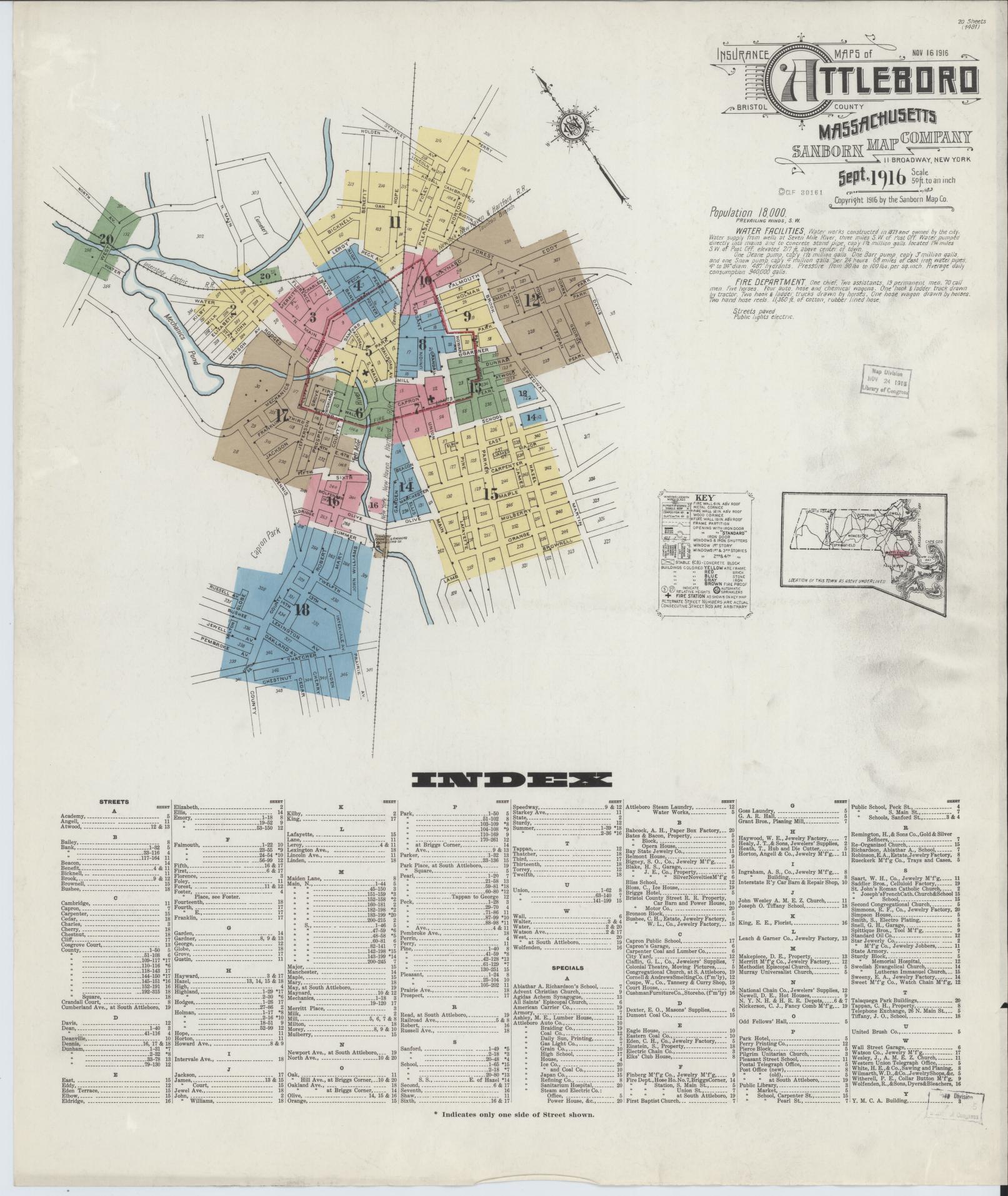 Sanborn Fire Insurance Map from Attleboro, Bristol County, Massachusetts. (1916) – Historic Sanborn Fire Insurance Map Print
