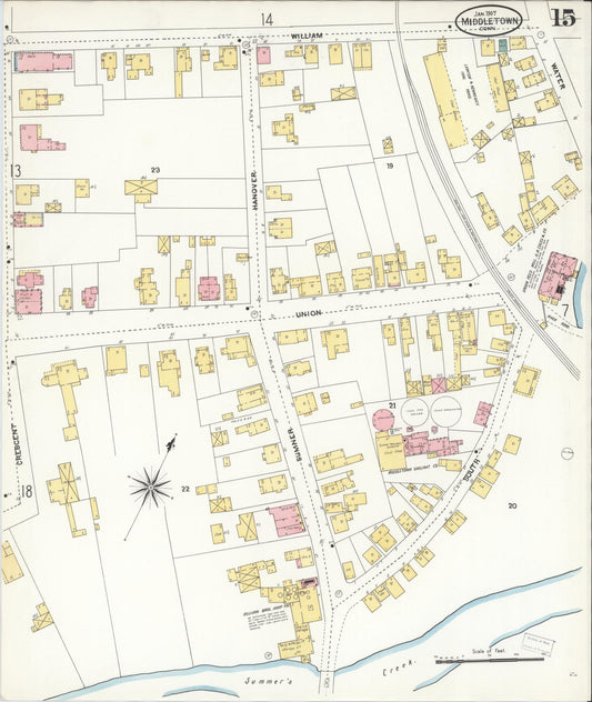 Sanborn Fire Insurance Map from Middletown, Middlesex County, Connecticut (1907), Sheet #0015 - Historic Sanborn Fire Insurance Map Print, vintage old map wall art, antique decor, genealogy gift, Connecticut Connecticut map
