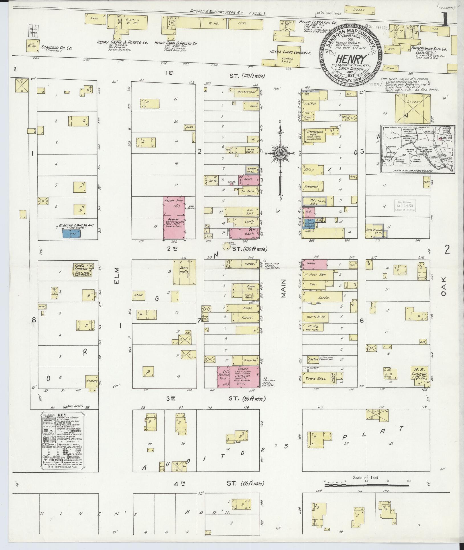 Sanborn Fire Insurance Map from Henry, Codington County, South Dakota (1921), Sheet #0001 - Historic Sanborn Fire Insurance Map Print, vintage old map wall art, antique decor, genealogy gift, South Dakota South Dakota map