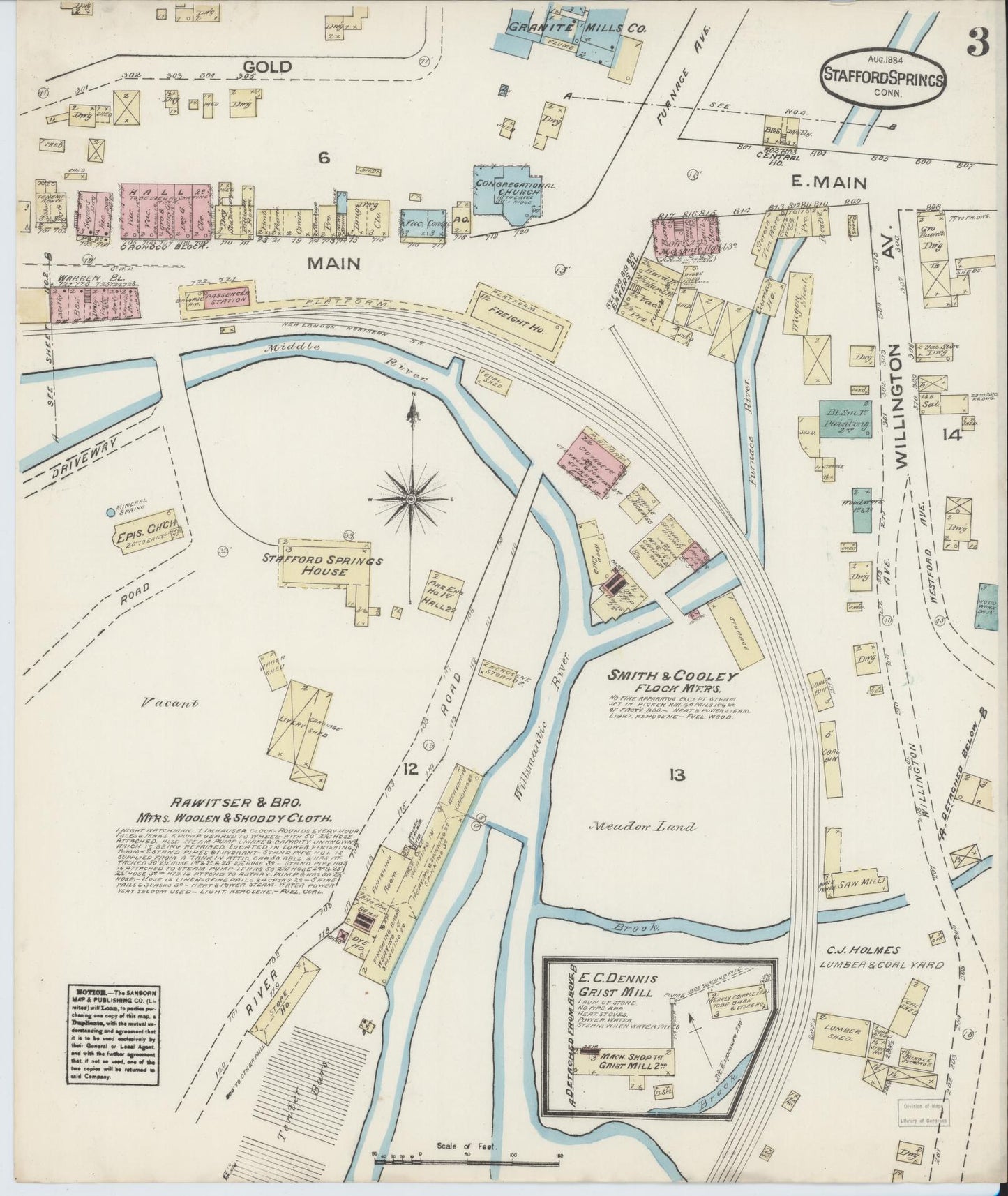 Sanborn Fire Insurance Map from Stafford Springs, Tolland County, Connecticut (1884), Sheet #0003 - Complete Map Set gallery image, historic Sanborn map, vintage wall art, Connecticut Connecticut