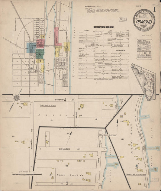 Sanborn Fire Insurance Map from Ormond, Volusia County, Florida (1921), Sheet #0001 - Historic Sanborn Fire Insurance Map Print, vintage old map wall art, antique decor, genealogy gift, Florida Florida map
