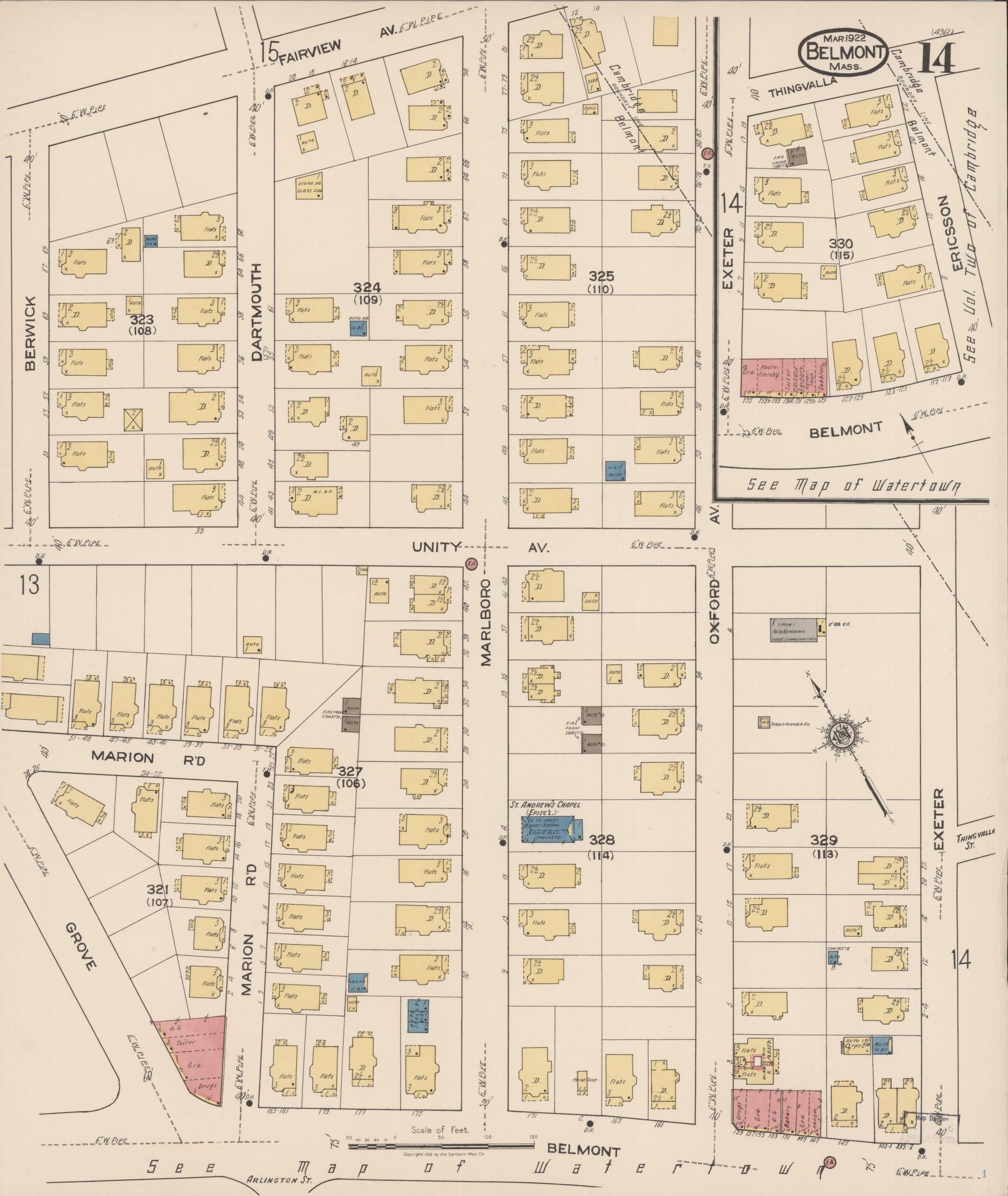 Sanborn Fire Insurance Map from Belmont, Middlesex County, Massachusetts (1922), Sheet #0014 - Historic Sanborn Fire Insurance Map Print, vintage old map wall art, antique decor, genealogy gift, Massachusetts Massachusetts map