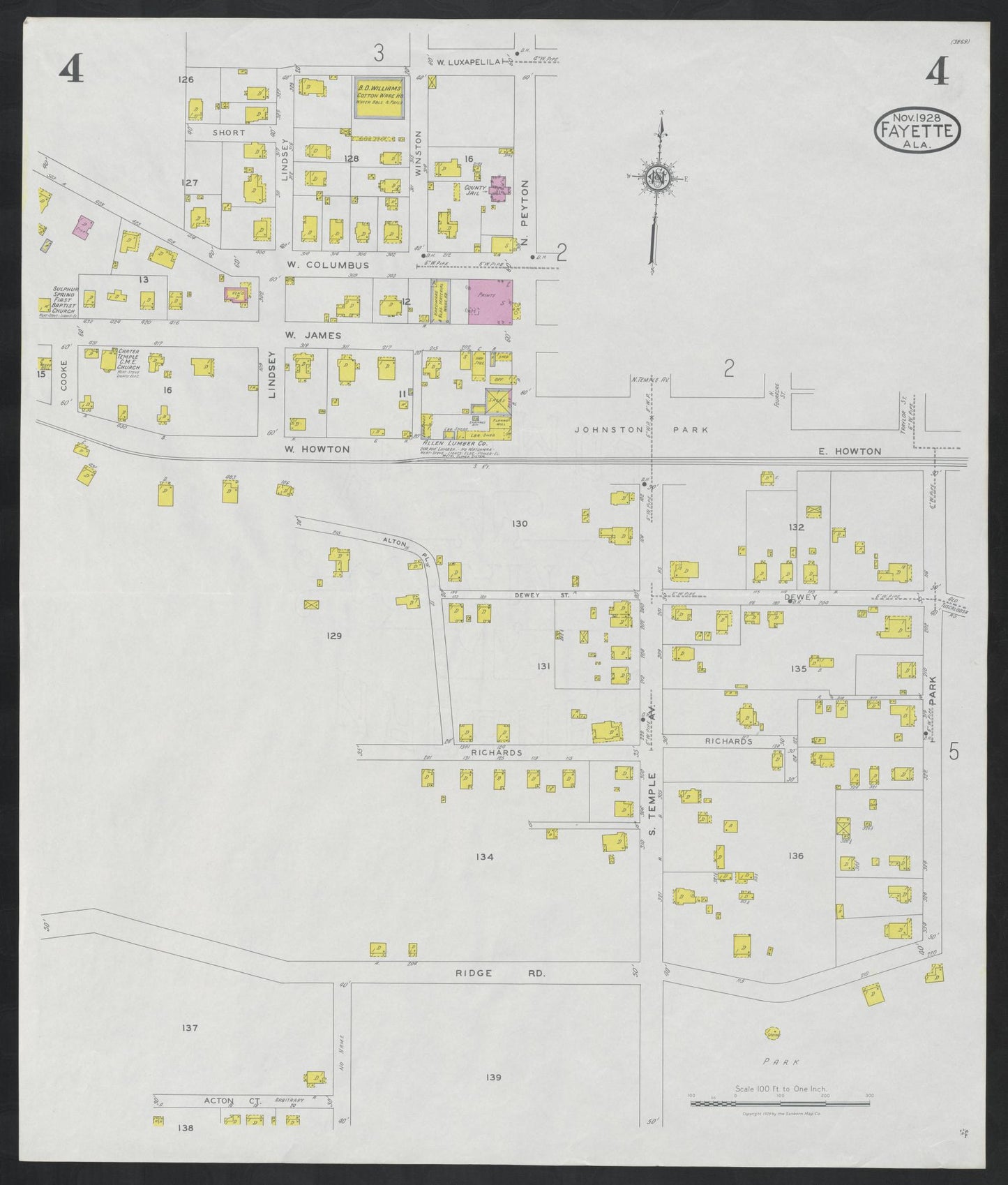 Sanborn Fire Insurance Map from Fayette, Fayette County, Alabama (1928), Sheet #0004 - Complete Map Set gallery image, historic Sanborn map, vintage wall art, Alabama Alabama