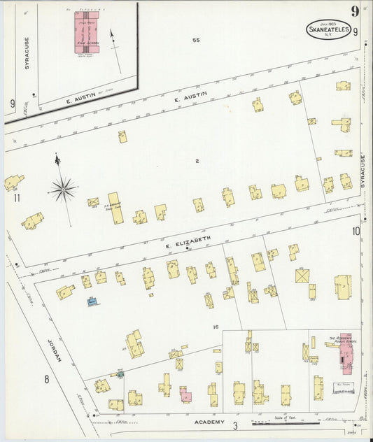 Sanborn Fire Insurance Map from Skaneateles, Onondaga County, New York (1909), Sheet #0009 - Historic Sanborn Fire Insurance Map Print, vintage old map wall art, antique decor, genealogy gift, New York New York map