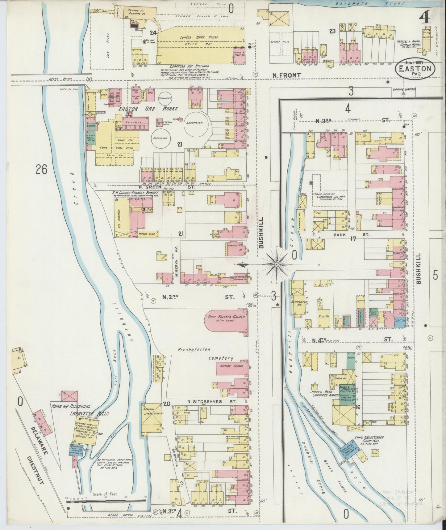 Sanborn Fire Insurance Map from Easton, Northampton County, Pennsylvania (1897), Sheet #0004 - Historic Sanborn Fire Insurance Map Print, vintage old map wall art, antique decor, genealogy gift, Pennsylvania Pennsylvania map