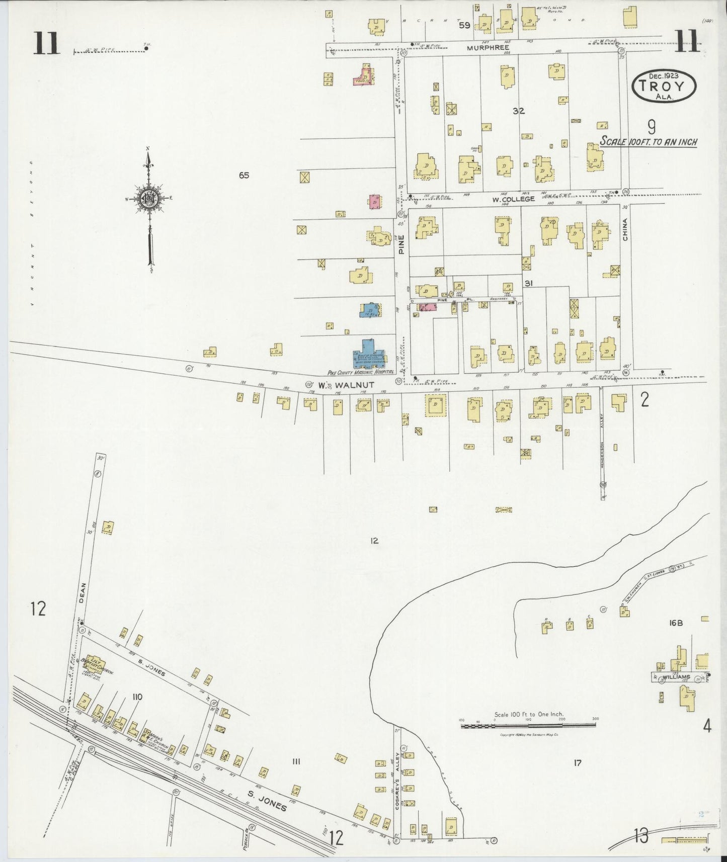 Sanborn Fire Insurance Map from Troy, Pike County, Alabama (1923), Sheet #0011 - Complete Map Set gallery image, historic Sanborn map, vintage wall art, Alabama Alabama