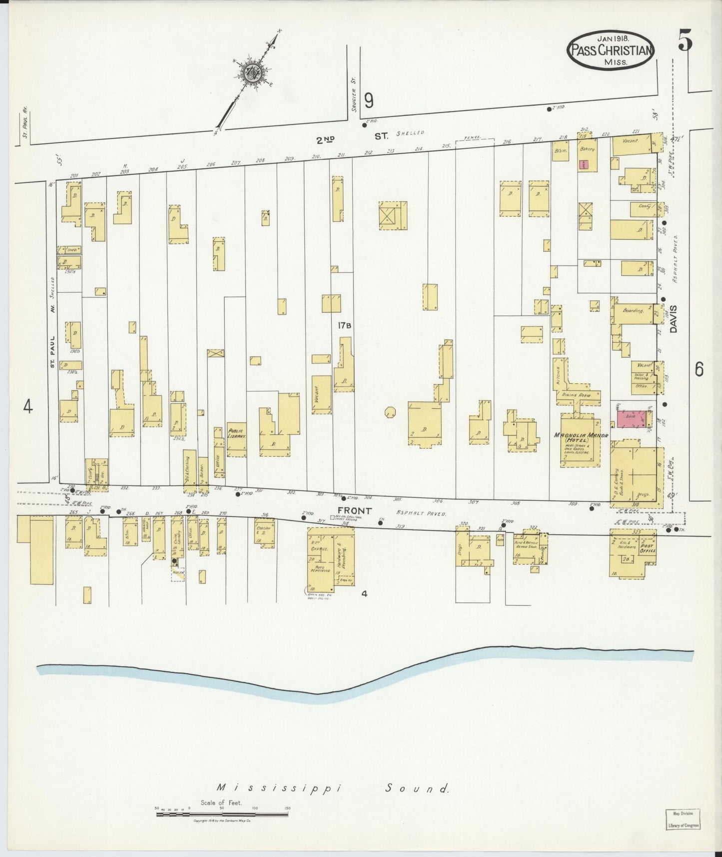 Sanborn Fire Insurance Map from Pass Christian, Harrison County, Mississippi (1918), Sheet #0005 - Historic Sanborn Fire Insurance Map Print, vintage old map wall art, antique decor, genealogy gift, Mississippi Mississippi map
