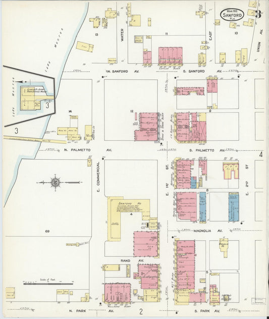 Sanborn Fire Insurance Map from Sanford, Seminole County, Florida (1912), Sheet #0003 - Historic Sanborn Fire Insurance Map Print, vintage old map wall art, antique decor, genealogy gift, Florida Florida map