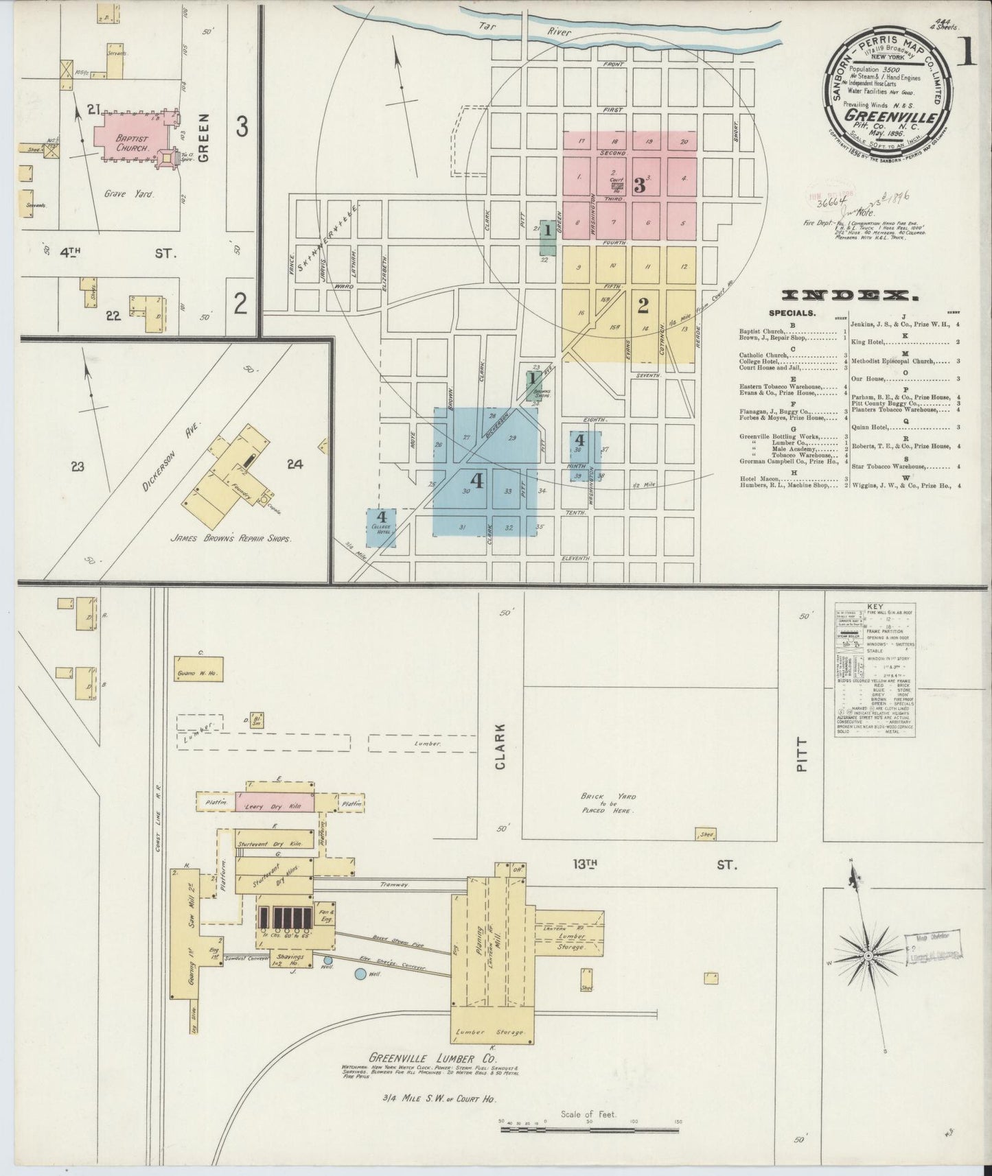 Sanborn Fire Insurance Map from Greenville, Pitt County, North Carolina (1896), Sheet #0001 - Historic Sanborn Fire Insurance Map Print, vintage old map wall art, antique decor, genealogy gift, North Carolina North Carolina map