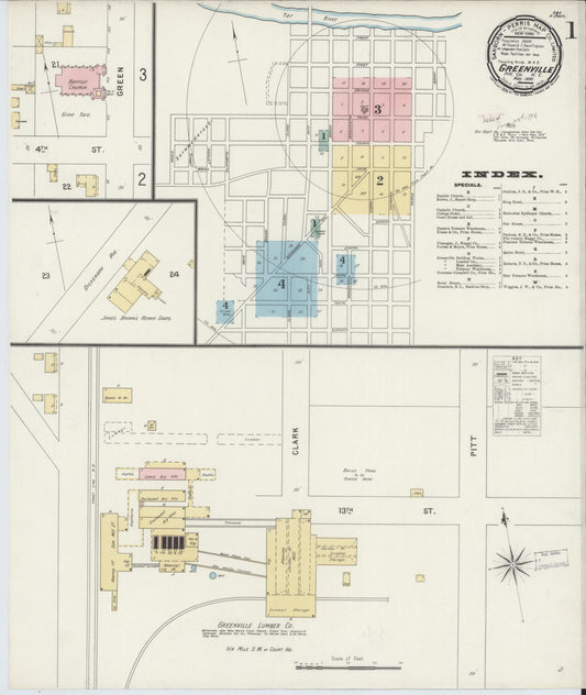 Sanborn Fire Insurance Map from Greenville, Pitt County, North Carolina (1896), Sheet #0001 - Historic Sanborn Fire Insurance Map Print, vintage old map wall art, antique decor, genealogy gift, North Carolina North Carolina map
