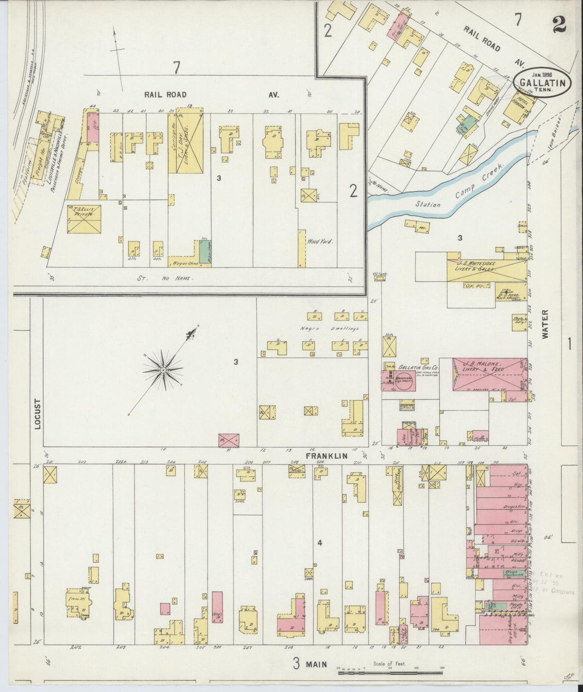 Sanborn Fire Insurance Map from Gallatin, Sumner County, Tennessee (1898), Sheet #0002 - Complete Map Set gallery image, historic Sanborn map, vintage wall art, Tennessee Tennessee