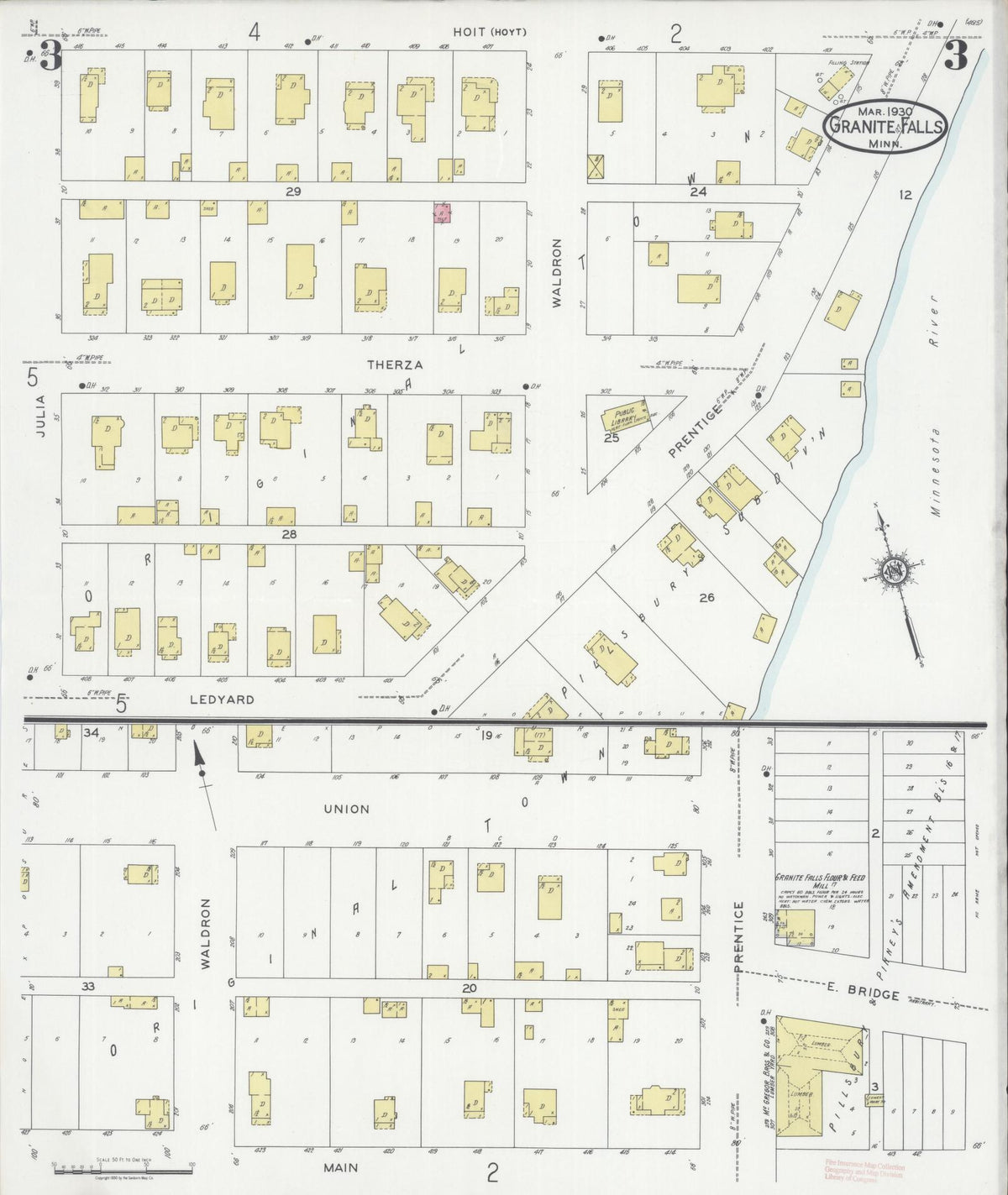 Sanborn Fire Insurance Map from Granite Falls, Yellow Medicine And Chippewa Counties, Minnesota (1930), Sheet #0003 - Complete Map Set gallery image, historic Sanborn map, vintage wall art, Minnesota Minnesota
