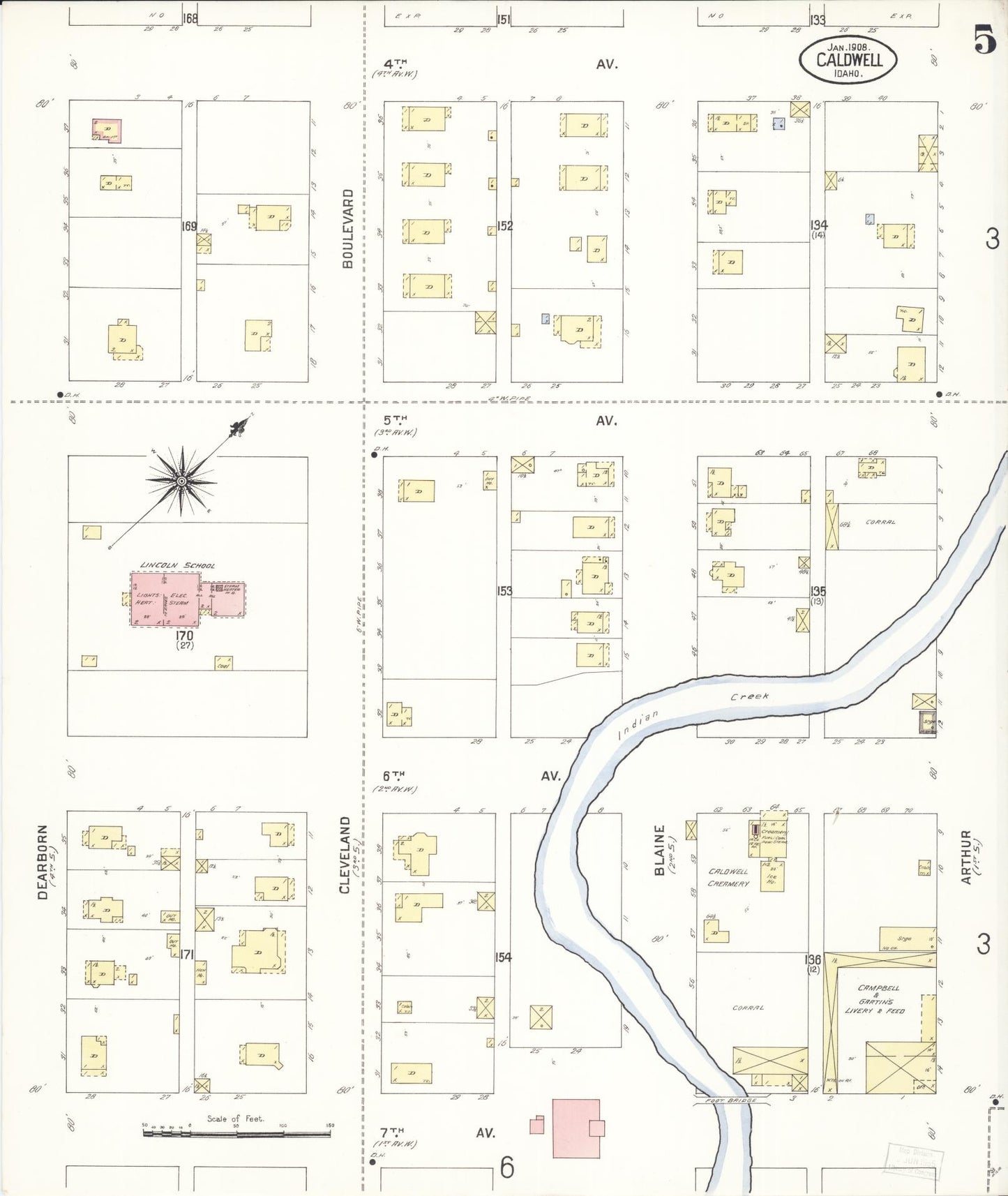 Sanborn Fire Insurance Map from Caldwell, Canyon County, Idaho (1908), Sheet #0005 - Complete Map Set gallery image, historic Sanborn map, vintage wall art, Idaho Idaho