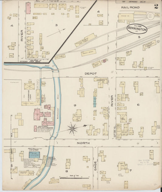 Sanborn Fire Insurance Map from Bennington, Bennington County, Vermont (1885), Sheet #0002 - Historic Sanborn Fire Insurance Map Print, vintage old map wall art, antique decor, genealogy gift, Vermont Vermont map