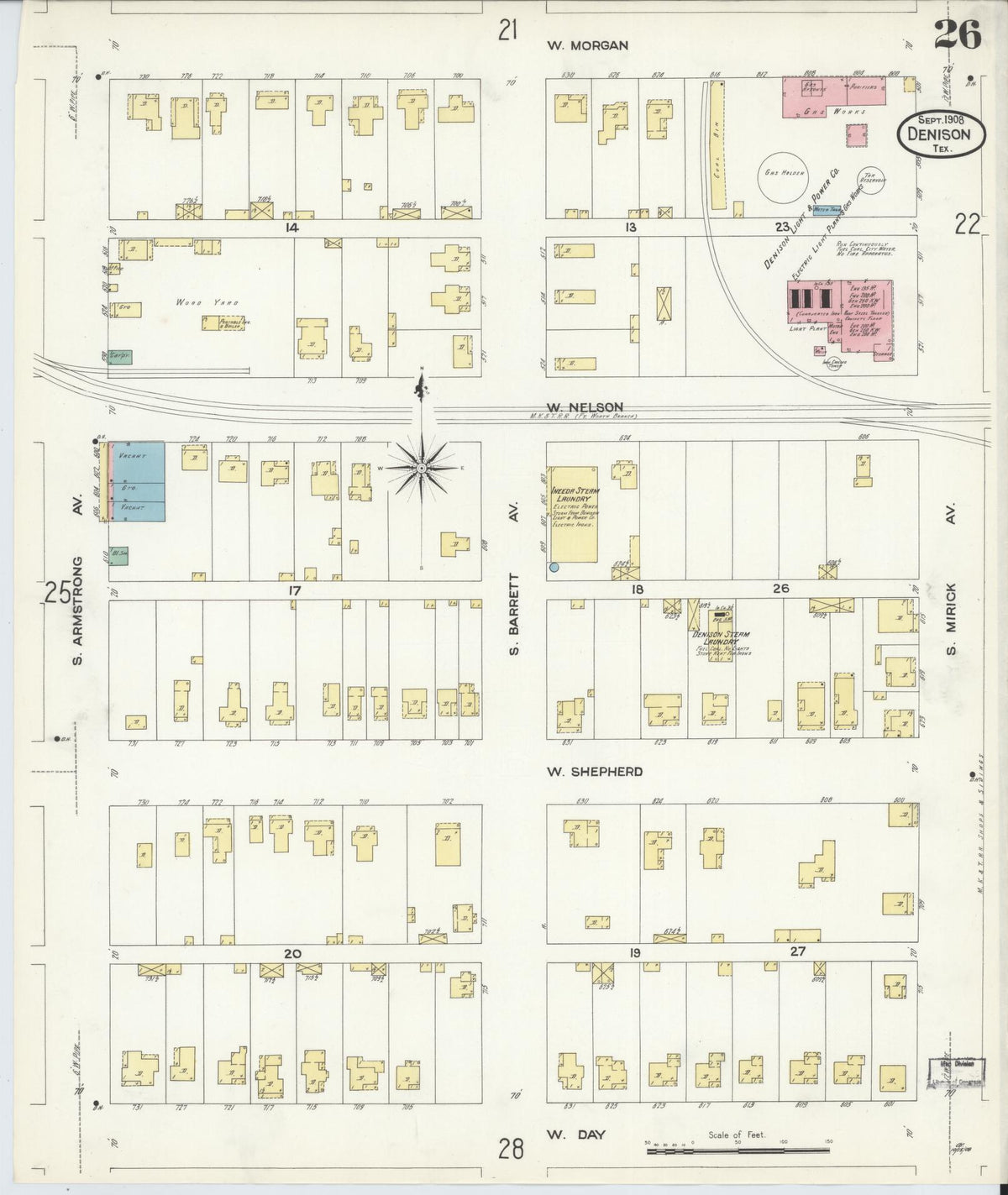Sanborn Fire Insurance Map from Denison, Grayson County, Texas (1908), Sheet #0026 - Complete Map Set gallery image, historic Sanborn map, vintage wall art, Texas Texas