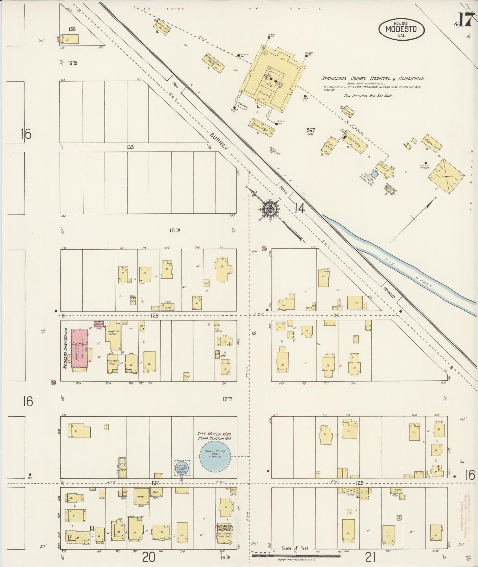 Sanborn Fire Insurance Map from Modesto, Stanislaus County, California (1919), Sheet #0017 - Complete Map Set gallery image, historic Sanborn map, vintage wall art, California California