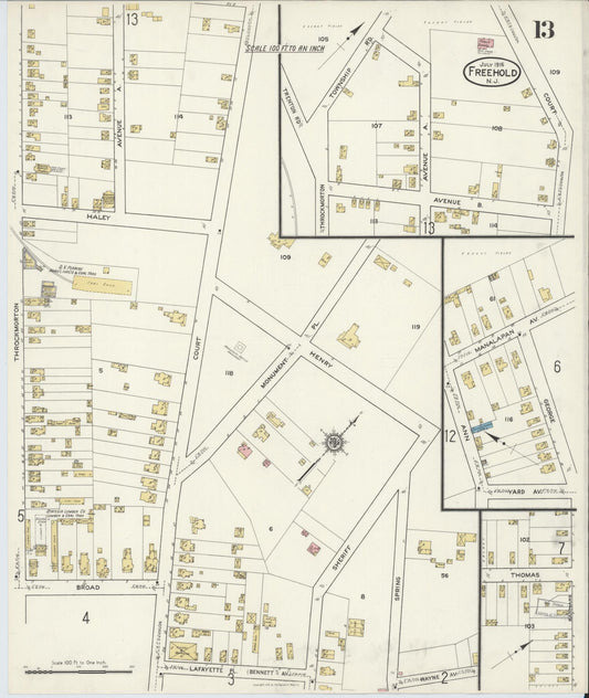 Sanborn Fire Insurance Map from Freehold, Monmouth County, New Jersey (1916), Sheet #0013 - Historic Sanborn Fire Insurance Map Print, vintage old map wall art, antique decor, genealogy gift, New Jersey New Jersey map