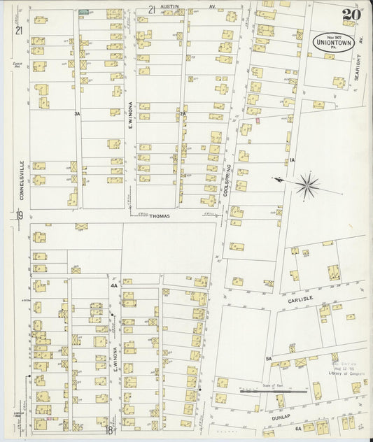 Sanborn Fire Insurance Map from Uniontown, Fayette County, Pennsylvania (1907), Sheet #0020 - Historic Sanborn Fire Insurance Map Print, vintage old map wall art, antique decor, genealogy gift, Pennsylvania Pennsylvania map