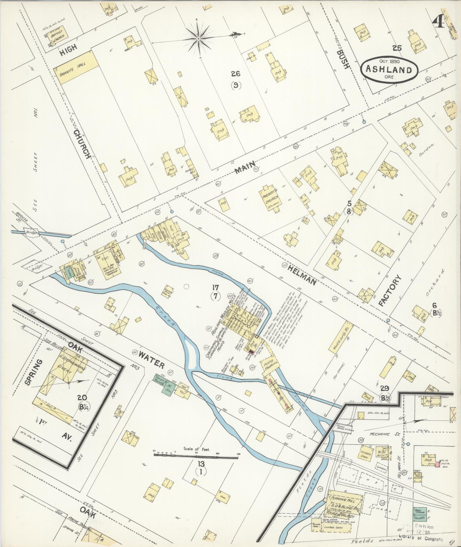 Sanborn Fire Insurance Map from Ashland, Jackson County, Oregon (1890), Sheet #0004 - Historic Sanborn Fire Insurance Map Print, vintage old map wall art, antique decor, genealogy gift, Oregon Oregon map