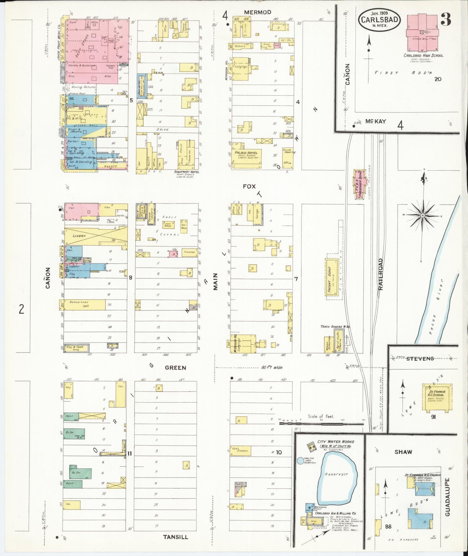 Sanborn Fire Insurance Map from Carlsbad, Eddy County, New Mexico (1909), Sheet #0003 - Historic Sanborn Fire Insurance Map Print, vintage old map wall art, antique decor, genealogy gift, New Mexico New Mexico map
