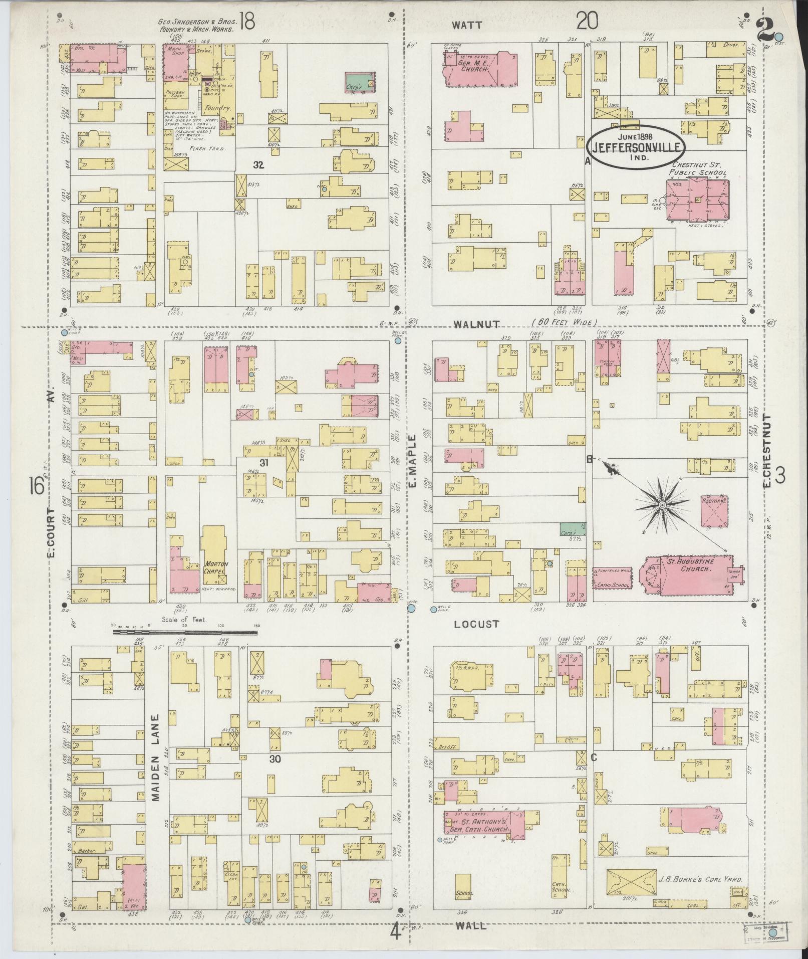 Sanborn Fire Insurance Map from Jeffersonville, Clark County, Indiana (1898), Sheet #0002 - Historic Sanborn Fire Insurance Map Print, vintage old map wall art, antique decor, genealogy gift, Indiana Indiana map