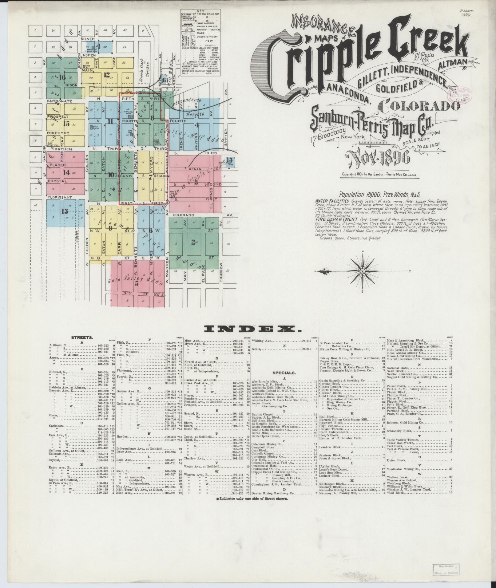 Sanborn Fire Insurance Map from Cripple Creek, Teller County, Colorado (1896), Sheet #0001 - Historic Sanborn Fire Insurance Map Print, vintage old map wall art, antique decor, genealogy gift, Colorado Colorado map