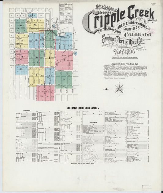Sanborn Fire Insurance Map from Cripple Creek, Teller County, Colorado (1896), Sheet #0001 - Historic Sanborn Fire Insurance Map Print, vintage old map wall art, antique decor, genealogy gift, Colorado Colorado map