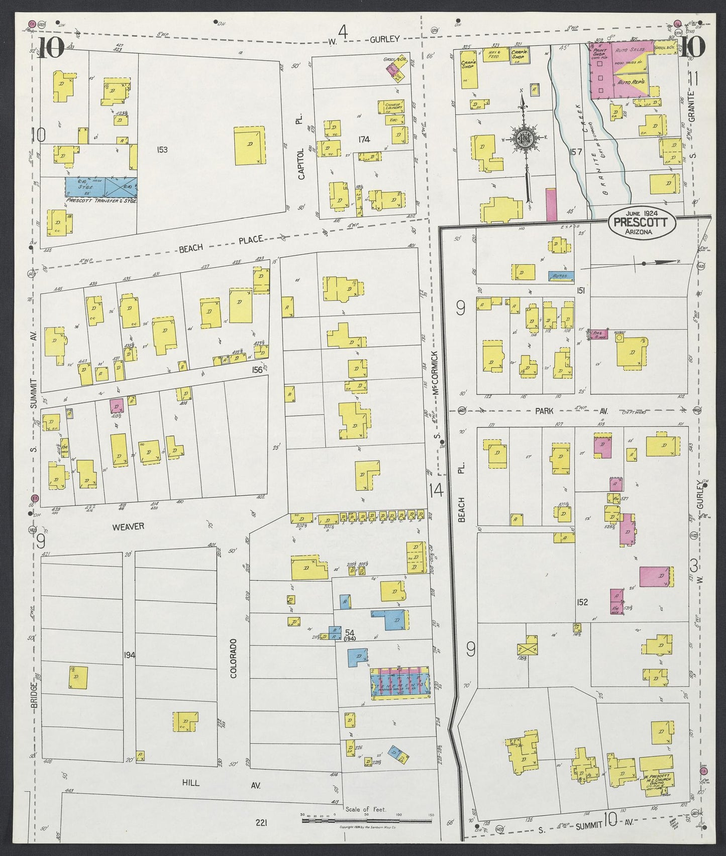 Sanborn Fire Insurance Map from Prescott, Yavapai County, Arizona (1924), Sheet #0010 - Historic Sanborn Fire Insurance Map Print, vintage old map wall art, antique decor, genealogy gift, Arizona Arizona map