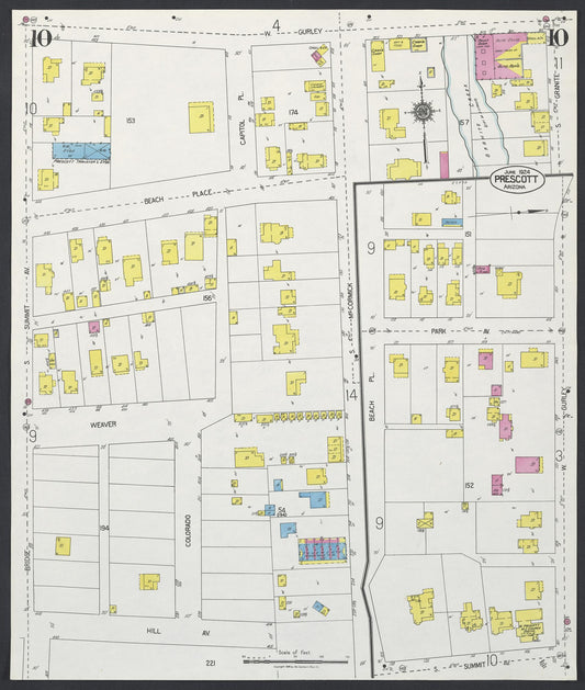 Sanborn Fire Insurance Map from Prescott, Yavapai County, Arizona (1924), Sheet #0010 - Historic Sanborn Fire Insurance Map Print, vintage old map wall art, antique decor, genealogy gift, Arizona Arizona map