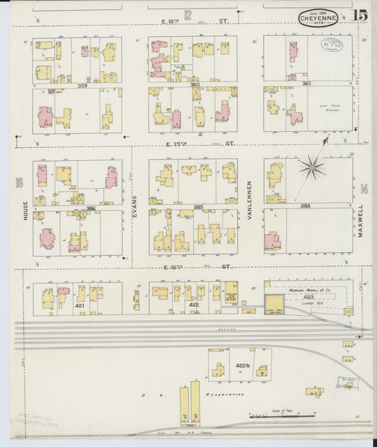 Sanborn Fire Insurance Map from Cheyenne, Laramie County, Wyoming (1894), Sheet #0015 - Historic Sanborn Fire Insurance Map Print, vintage old map wall art, antique decor, genealogy gift, Wyoming Wyoming map