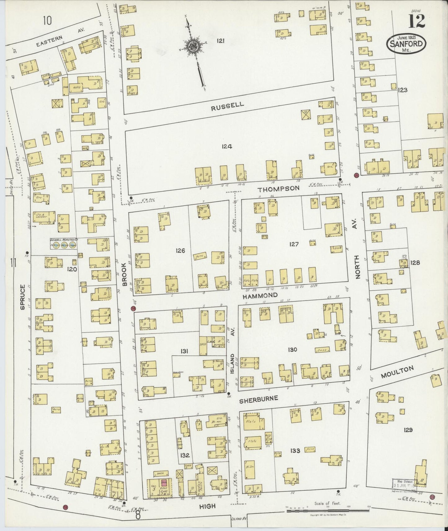 Sanborn Fire Insurance Map from Sanford, York County, Maine (1921), Sheet #0012 - Complete Map Set gallery image, historic Sanborn map, vintage wall art, Maine Maine