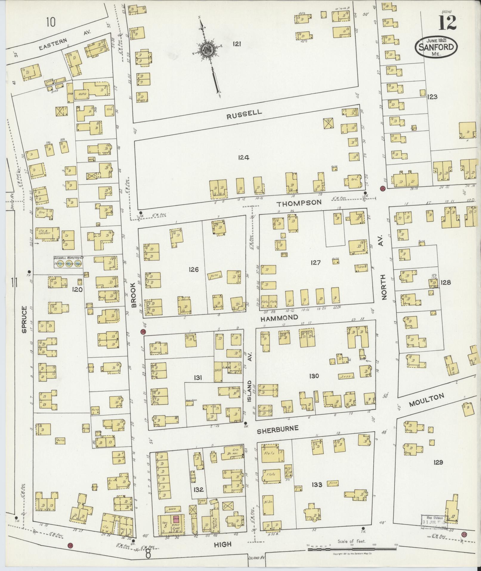 Sanborn Fire Insurance Map from Sanford, York County, Maine (1921), Sheet #0012 - Complete Map Set gallery image, historic Sanborn map, vintage wall art, Maine Maine