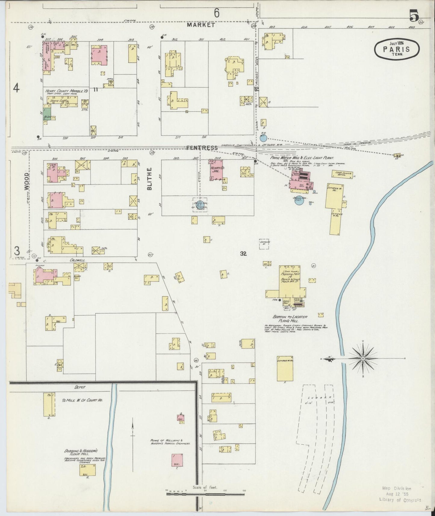 Sanborn Fire Insurance Map from Paris, Henry County, Tennessee (1896), Sheet #0005 - Complete Map Set gallery image, historic Sanborn map, vintage wall art, Tennessee Tennessee