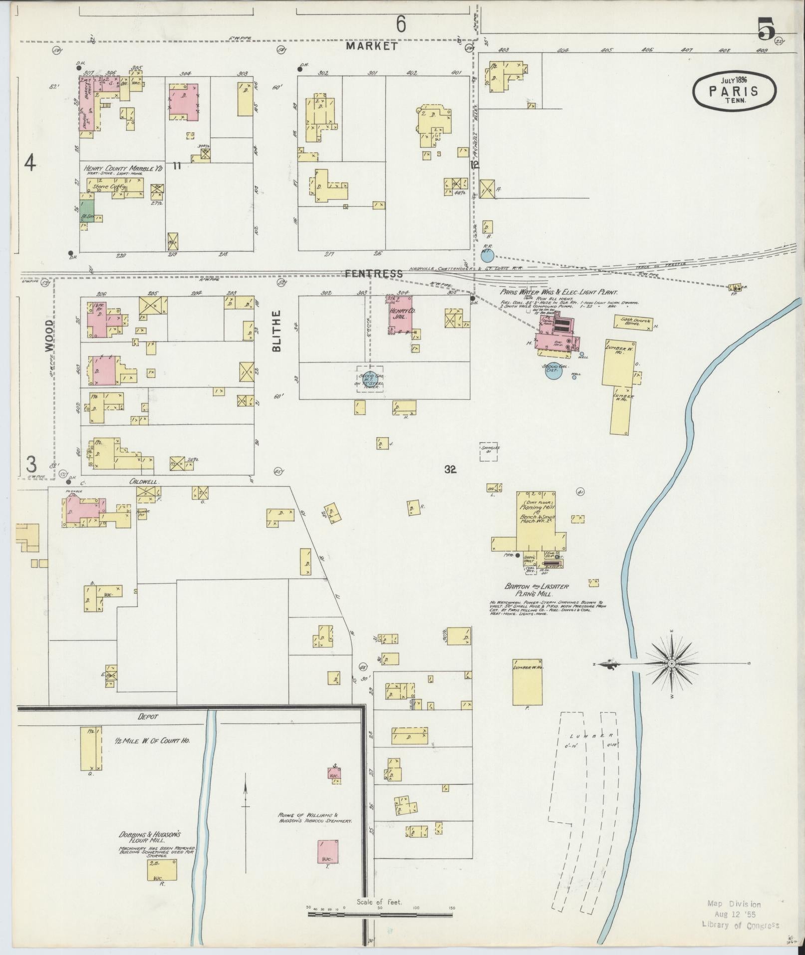 Sanborn Fire Insurance Map from Paris, Henry County, Tennessee (1896), Sheet #0005 - Complete Map Set gallery image, historic Sanborn map, vintage wall art, Tennessee Tennessee