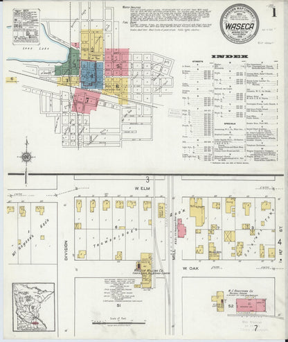 Sanborn Fire Insurance Map from Waseca, Waseca County, Minnesota (1919), Sheet #0001 - Historic Sanborn Fire Insurance Map Print, vintage old map wall art, antique decor, genealogy gift, Minnesota Minnesota map