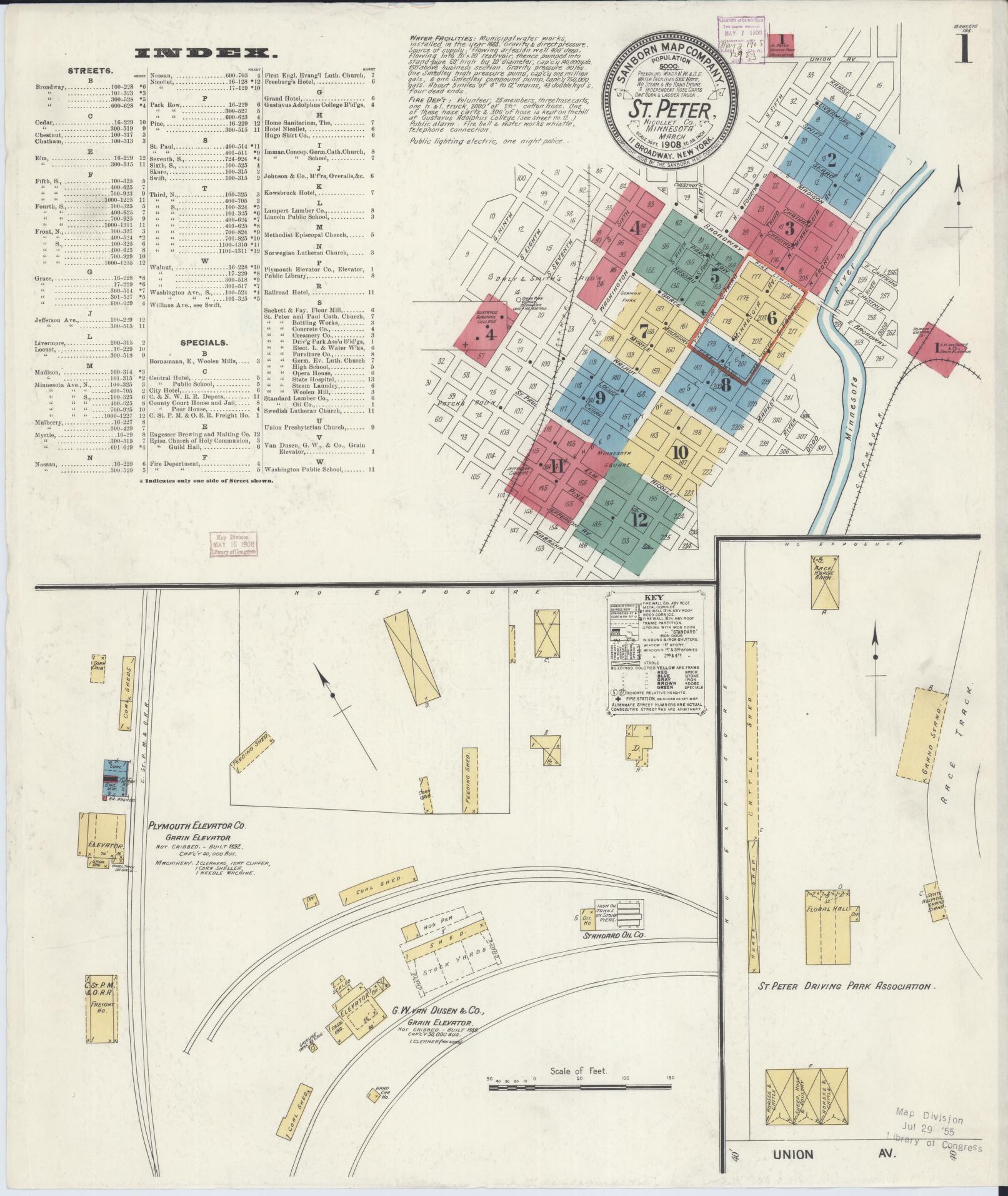 Sanborn Fire Insurance Map from Saint Peter, Nicollet County, Minnesota (1908), Sheet #0001 - Complete Map Set gallery image, historic Sanborn map, vintage wall art, Minnesota Minnesota