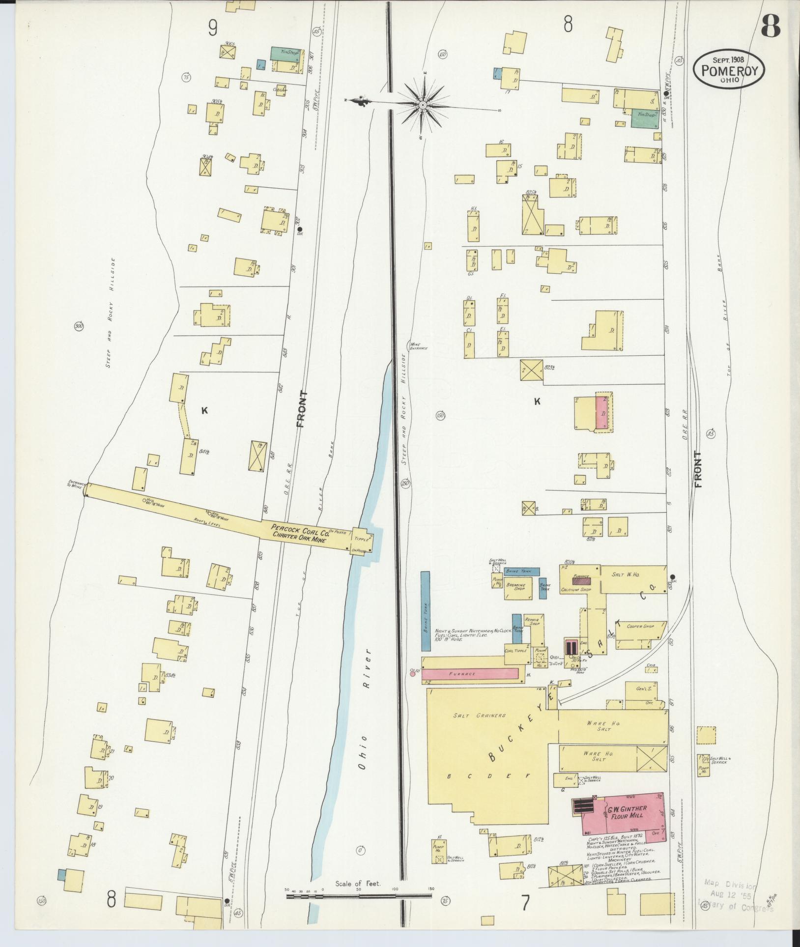 Sanborn Fire Insurance Map from Pomeroy, Meigs County, Ohio (1908), Sheet #0008 - Historic Sanborn Fire Insurance Map Print, vintage old map wall art, antique decor, genealogy gift, Ohio Ohio map