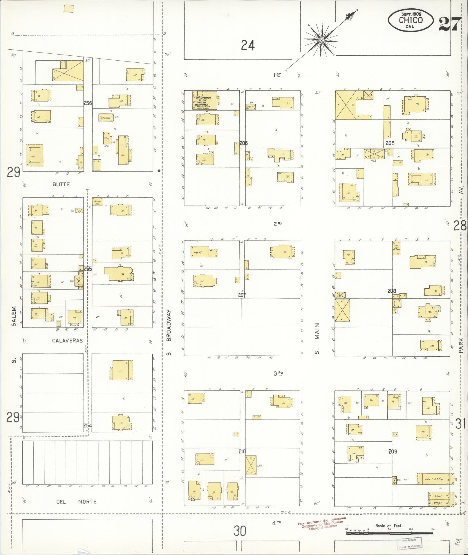 Sanborn Fire Insurance Map from Chico, Butte County, California (1909), Sheet #0027 - Complete Map Set gallery image, historic Sanborn map, vintage wall art, California California