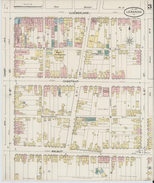 Sanborn Fire Insurance Map from Lebanon, Lebanon County, Pennsylvania (1887), Sheet #0003 - Historic Sanborn Fire Insurance Map Print, vintage old map wall art, antique decor, genealogy gift, Pennsylvania Pennsylvania map
