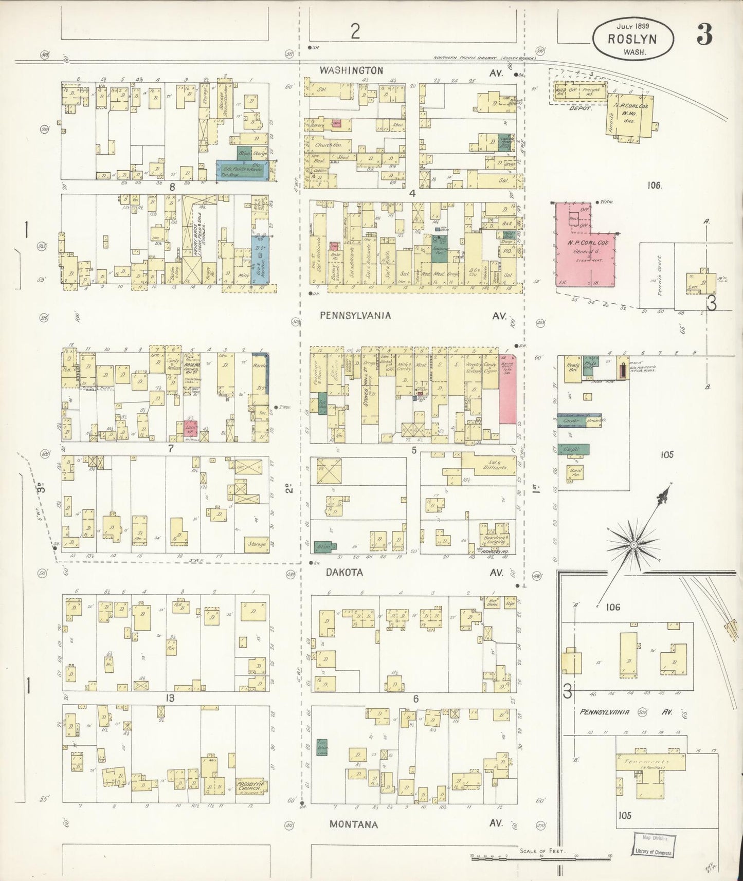 Sanborn Fire Insurance Map from Roslyn, Kittitas County, Washington (1899), Sheet #0003 - Historic Sanborn Fire Insurance Map Print, vintage old map wall art, antique decor, genealogy gift, Washington Washington map
