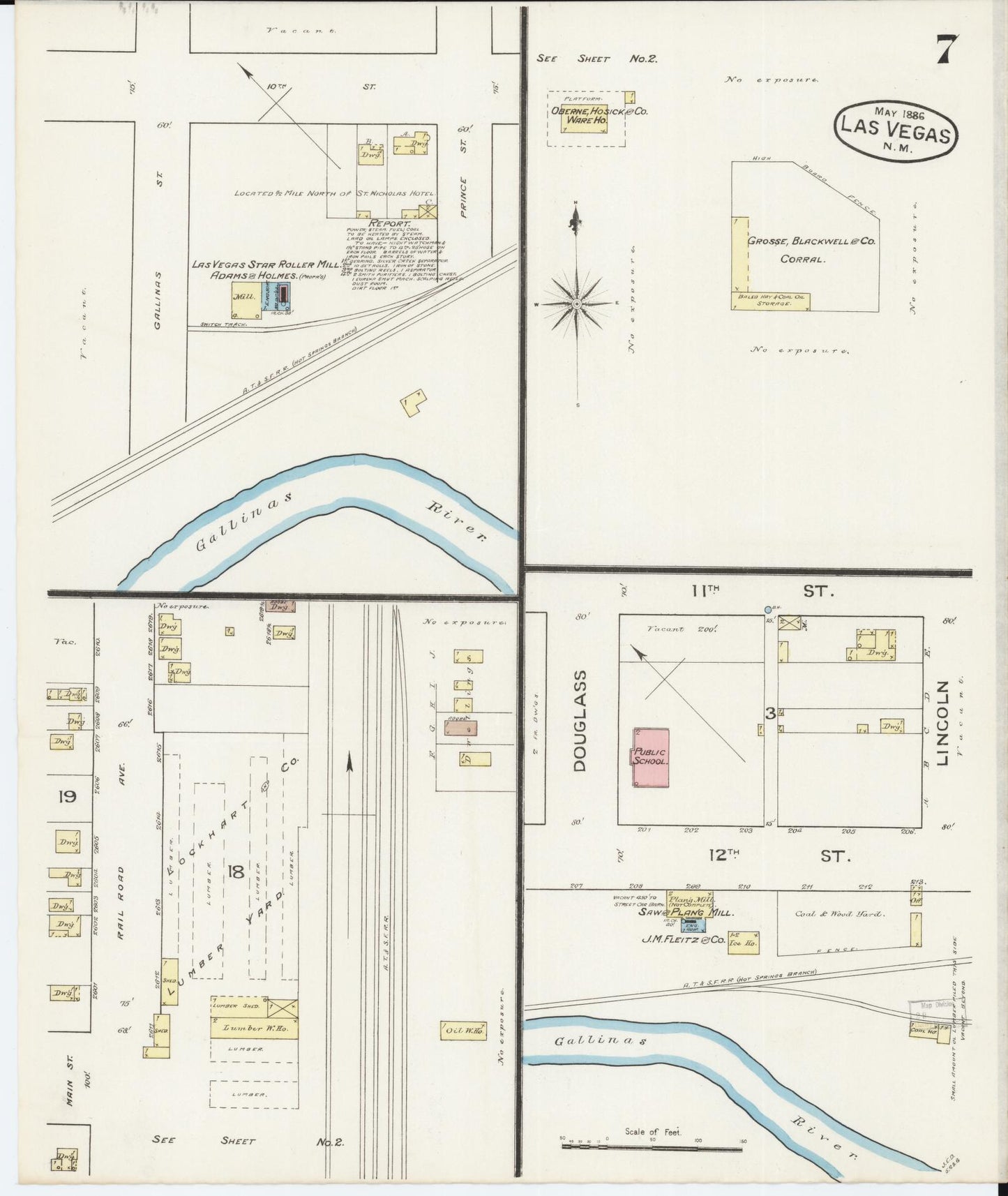 Sanborn Fire Insurance Map from Las Vegas, San Miguel County, New Mexico (1886), Sheet #0007 - Complete Map Set gallery image, historic Sanborn map, vintage wall art, New Mexico New Mexico